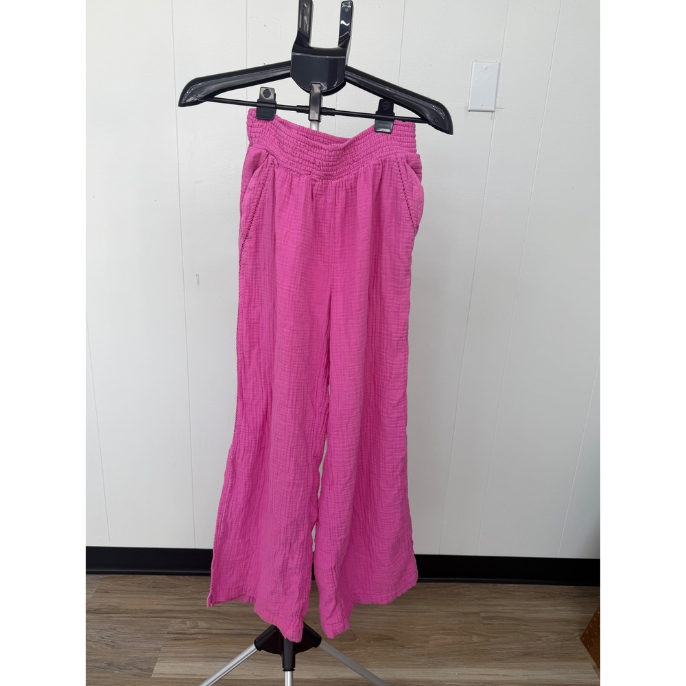 Aerie Wide Leg Pants Women S Pink Excellent Cotton Gauze Smocked Waist Slit Hem